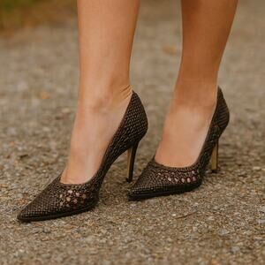 Tory Burch SZ 7.5M 100mm Woven Leather Stiletto Pumps Chocolate Brown $549